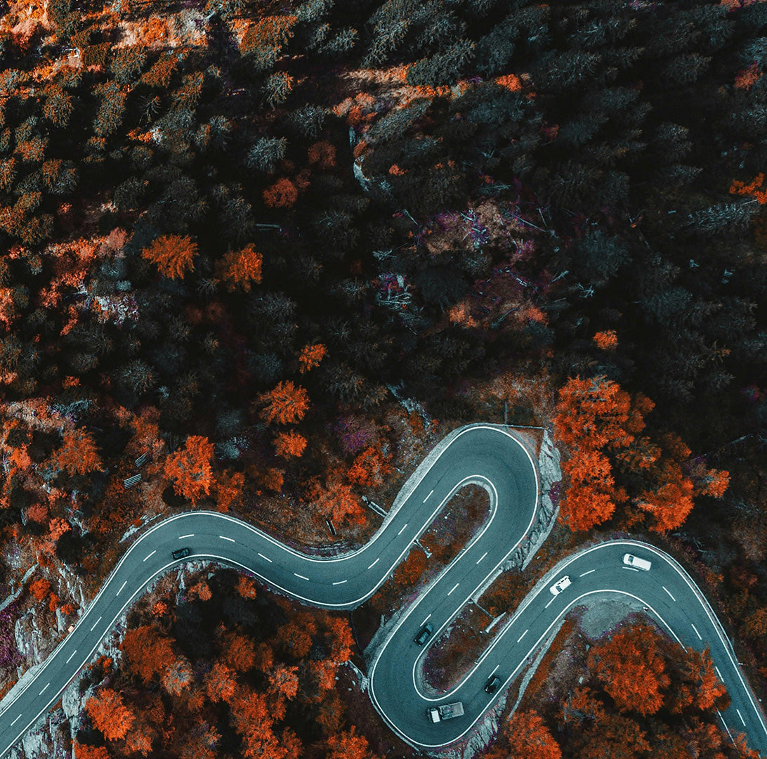 Aerial shot of cars traveling on a winding road surrounded by fall foliage