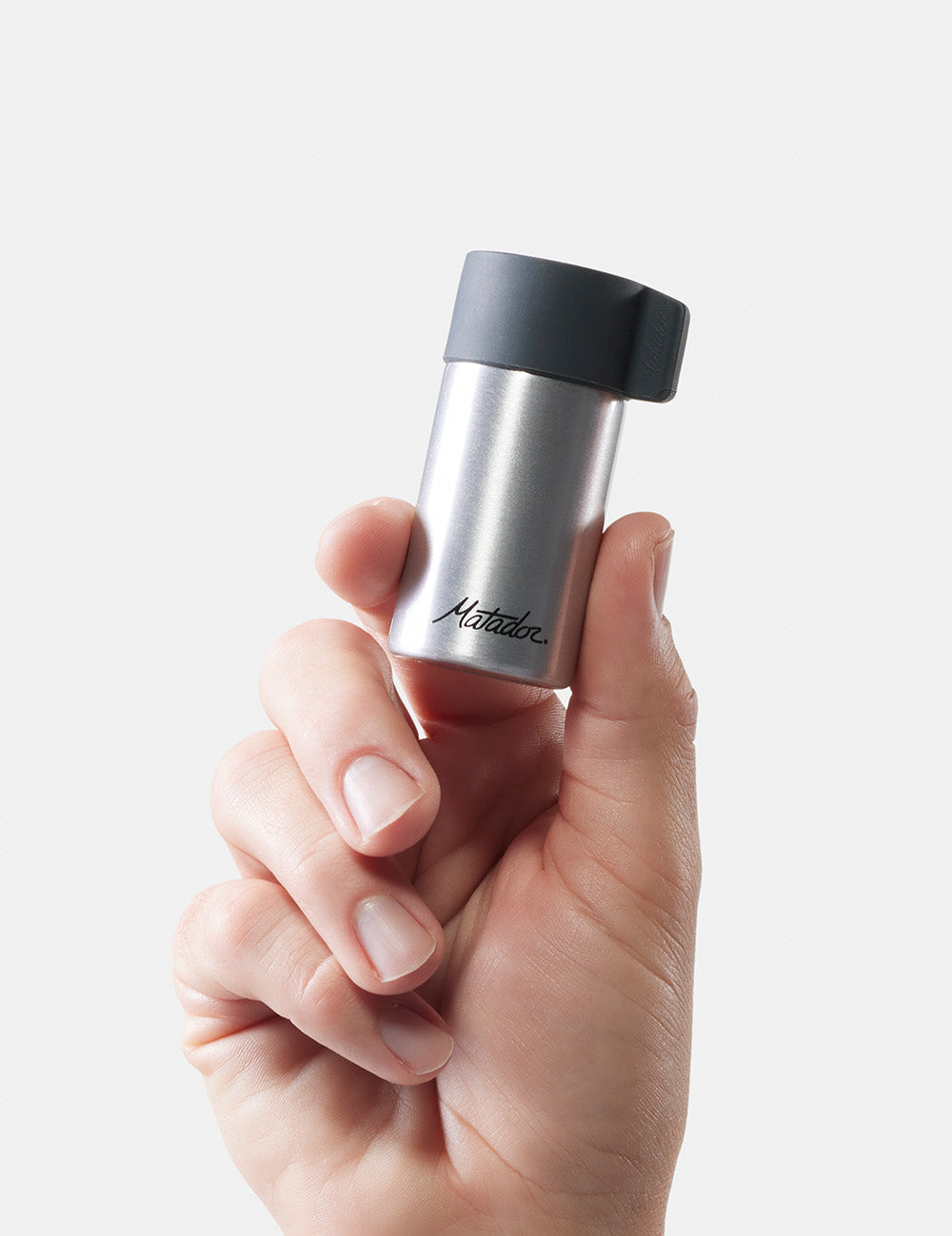 hand holding 40ml canister on white background