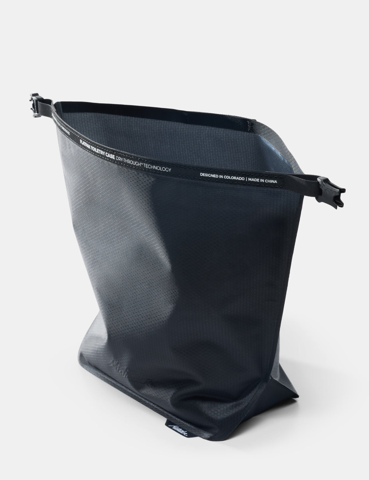 open black toiletry case on white background