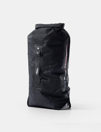 Black dry bag with a brand logo on a white background