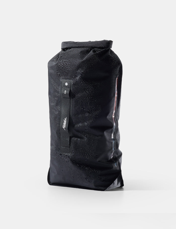Black dry bag with a brand logo on a white background