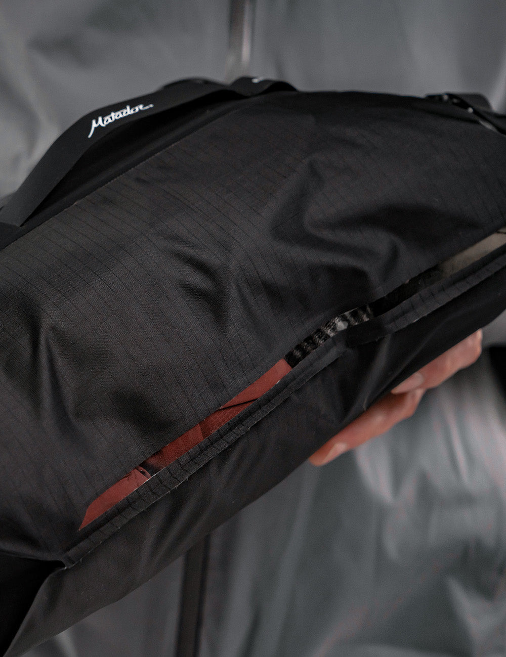 detail view of vertical viewing window on dry bag