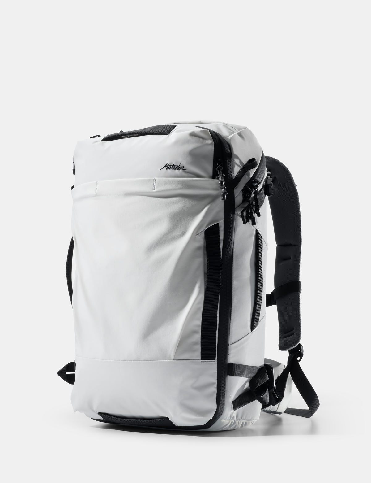 White backpack with black straps on a white background