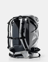 Gray backpack with black straps on a white background