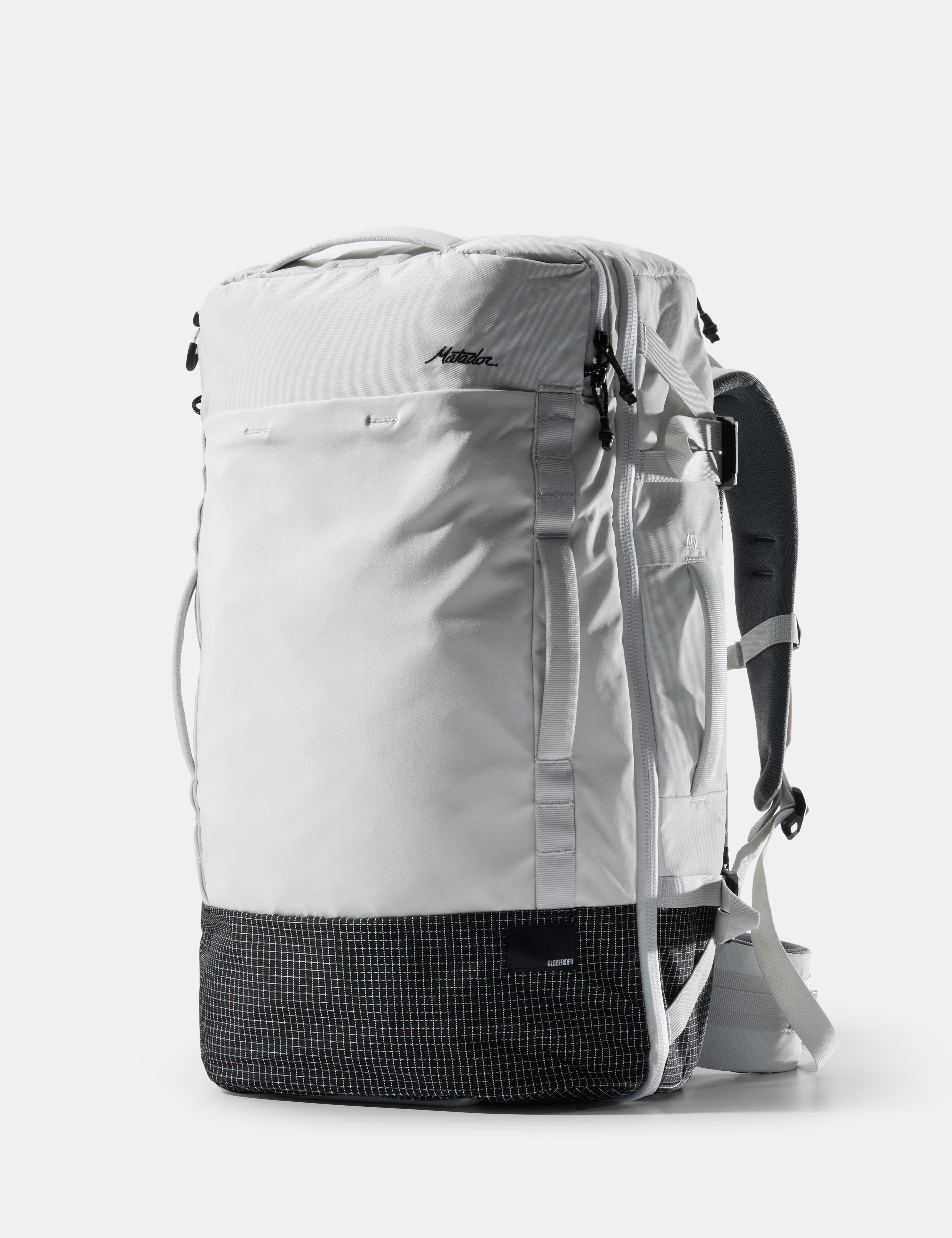 White backpack with black accents on a white background