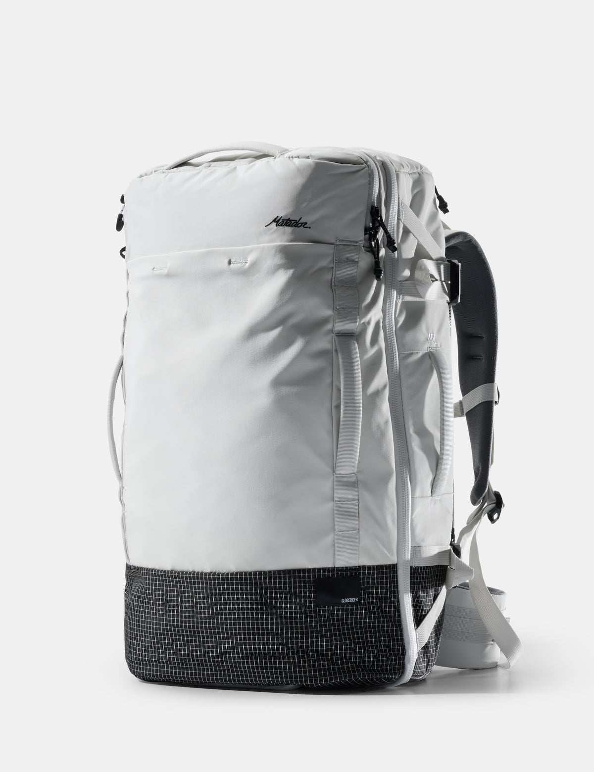 White backpack with black accents on a white background