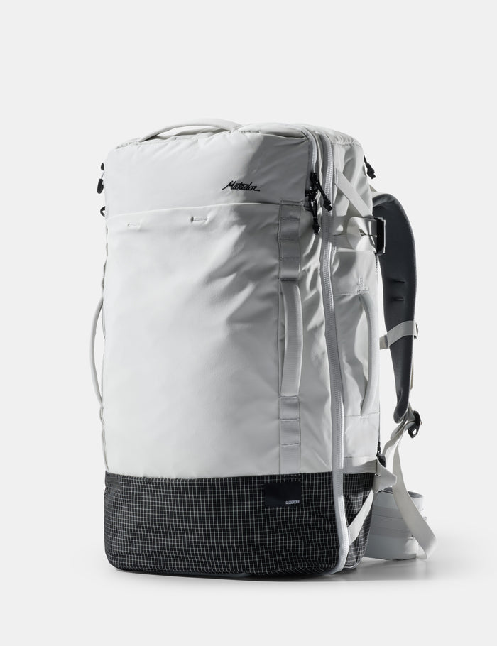 White backpack with black accents on a white background
