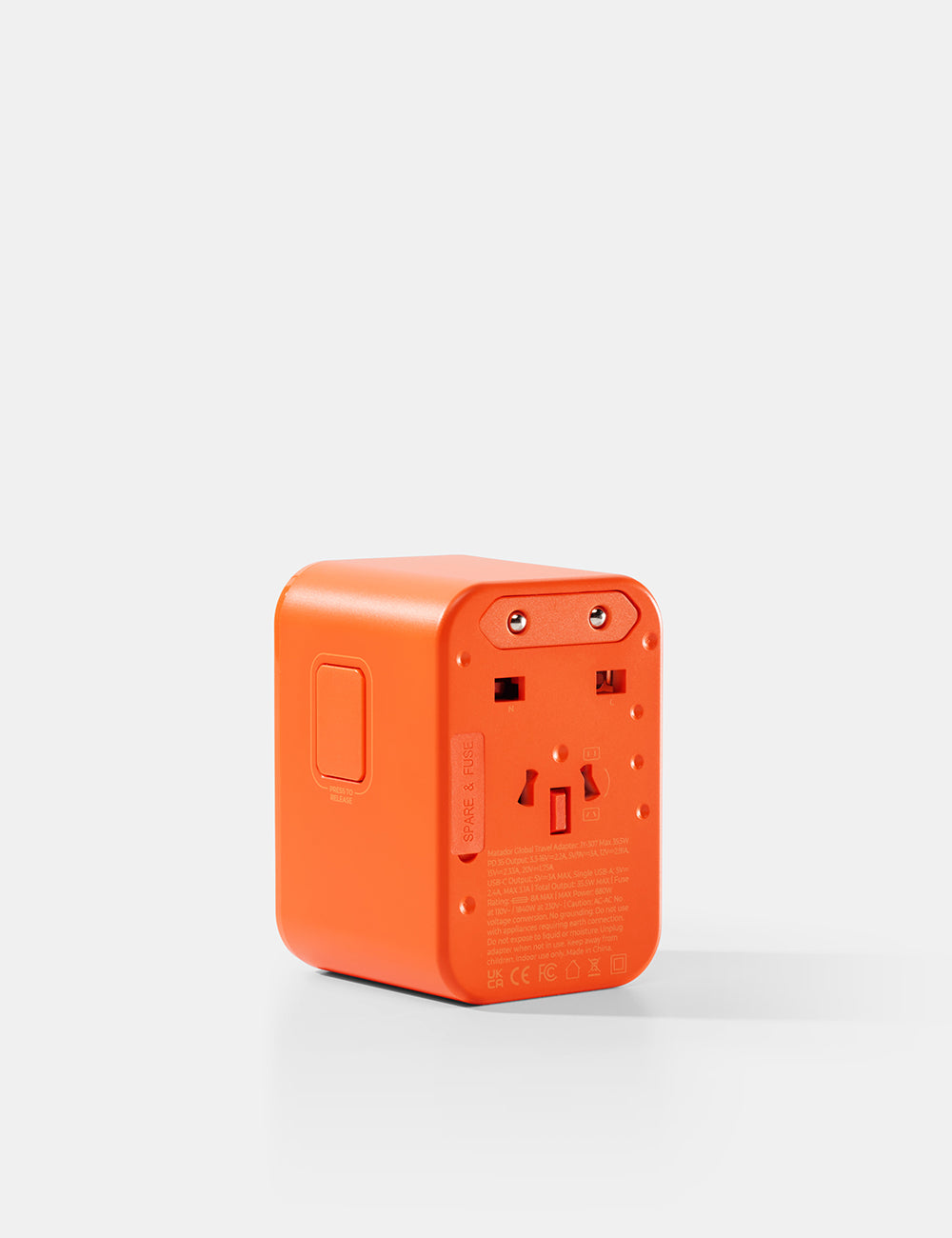 Orange power adapter on a white background