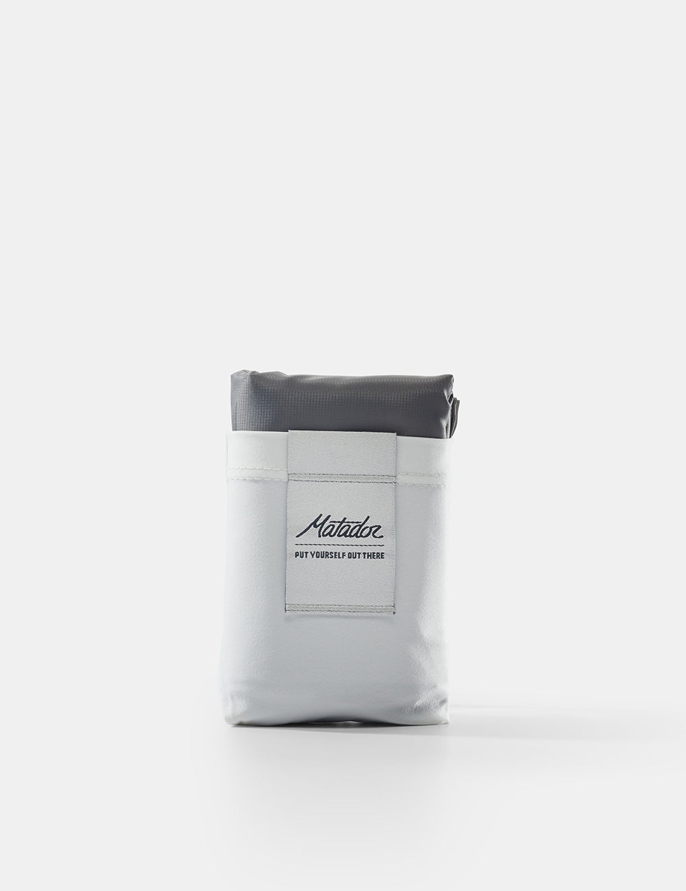 Gray and white pouch with a brand label on a white background