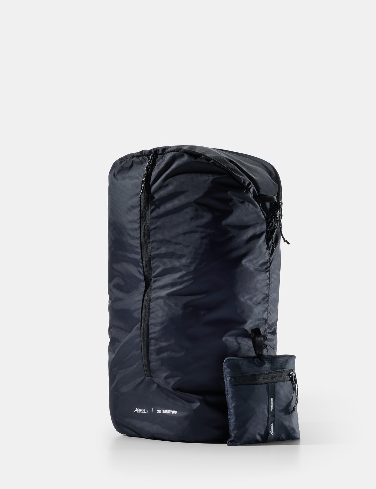 Black laundry bag with a pocket on a white background
