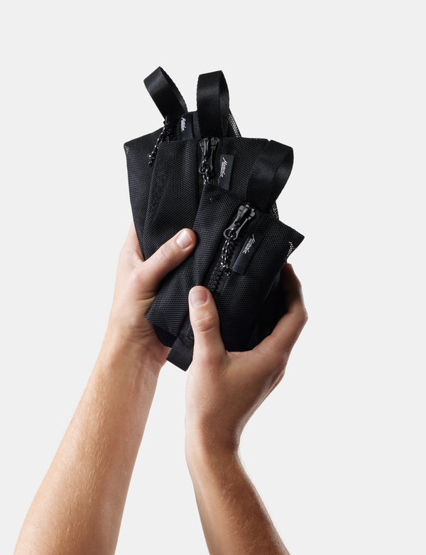 Black multi-zip bag held by a person against a light background