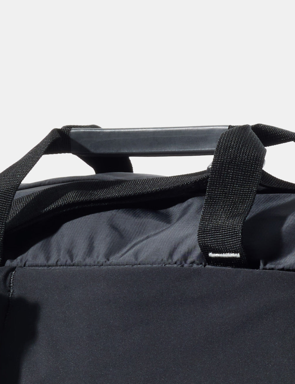 close up view of black duffle handles
