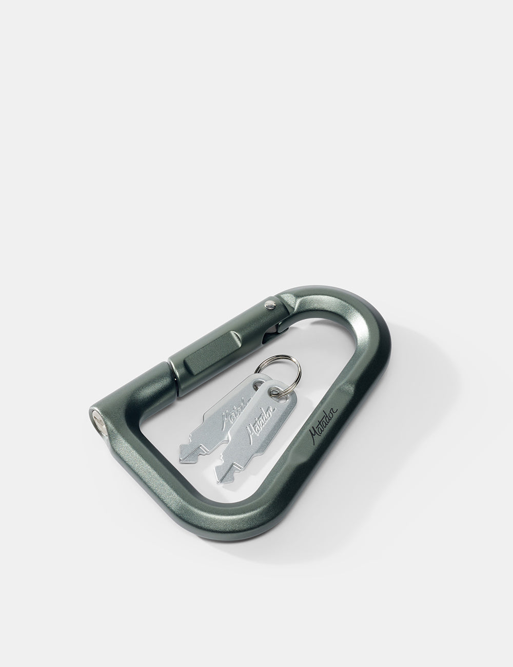 Green carabiner with keys on a white background