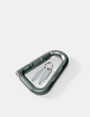 Green carabiner with keys on a white background