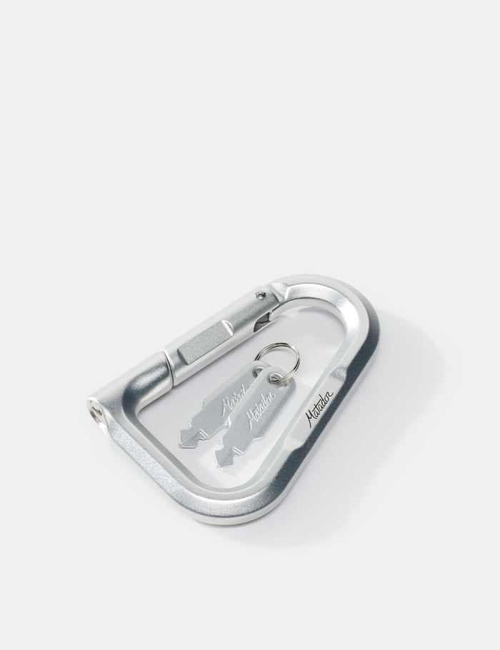 Metallic carabiner with a keychain on a white background