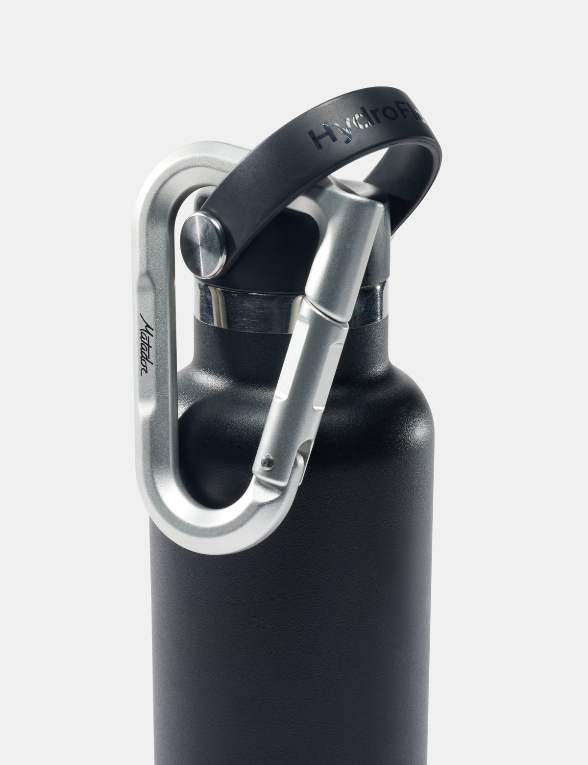 Black water bottle with silver carabiner on a white background