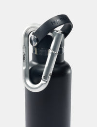 Black water bottle with silver carabiner on a white background