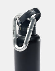 Black water bottle with silver carabiner on a white background
