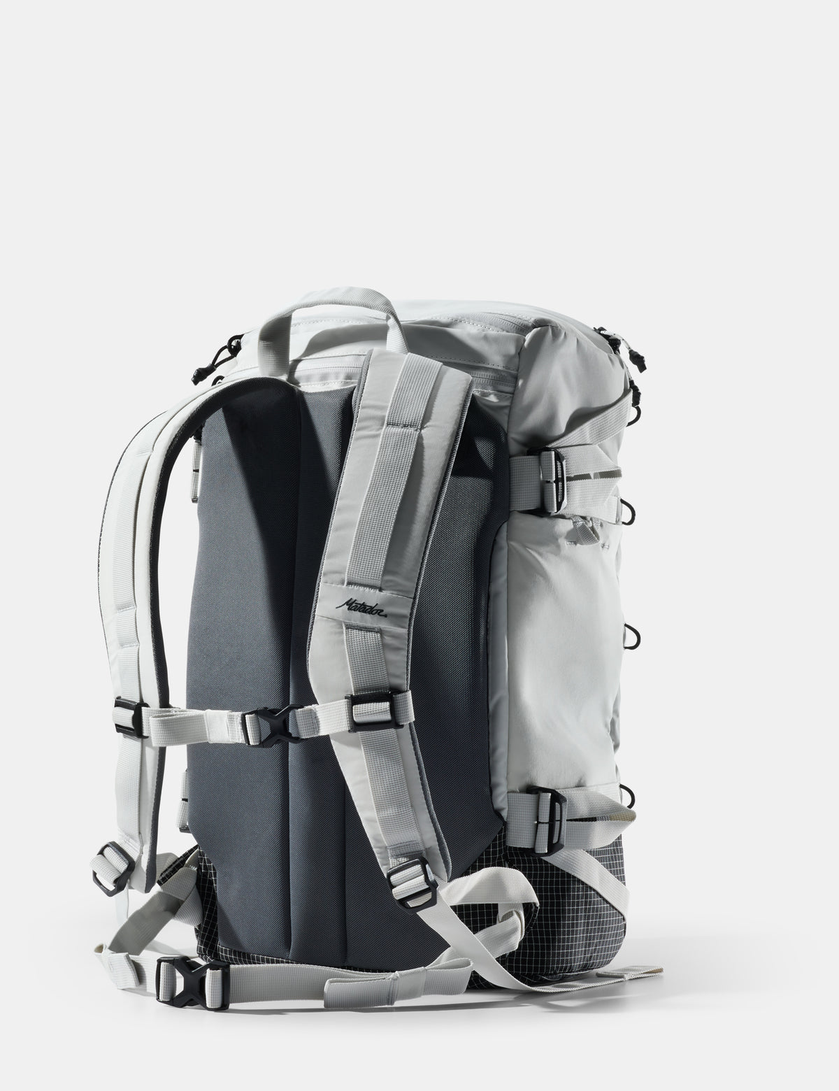 Gray backpack with multiple straps on a white background