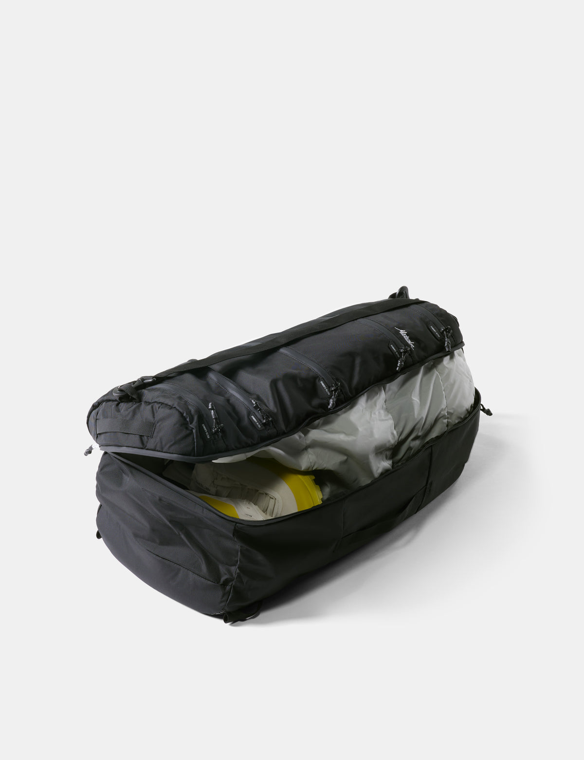 Black duffel bag on a white background