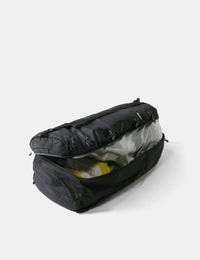 Black duffel bag on a white background
