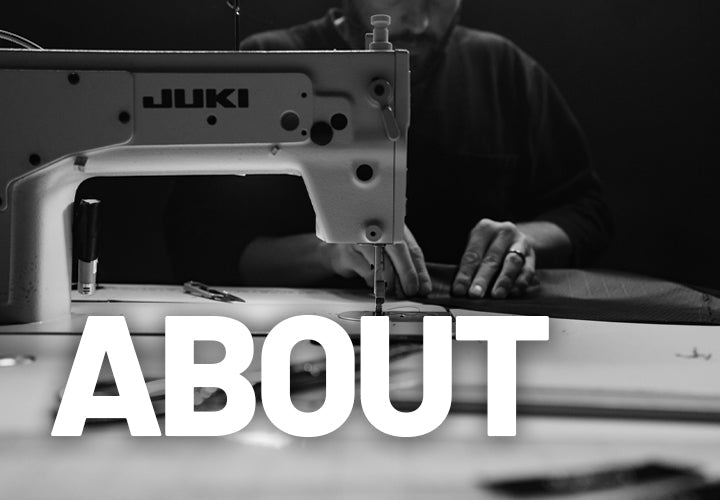 "About" over black and white image of man at a sewing machine